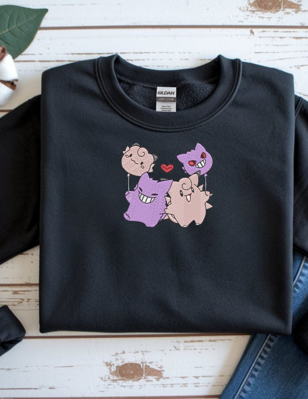 Gengar and Clefairy Full Front Black Crew Neck Sweater